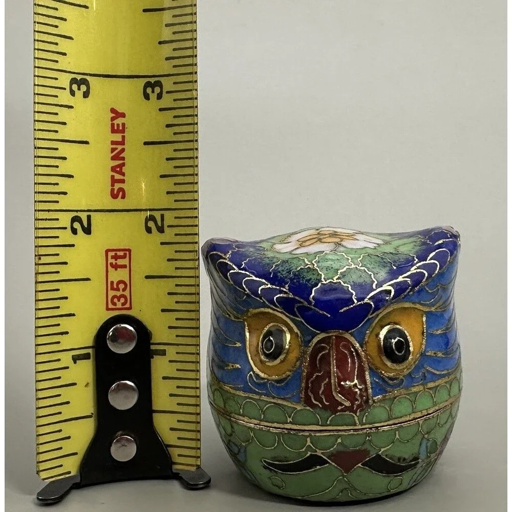 VTG Cloisonne Owl Trinket Box Mini Enamel Bird Figurine Jewelry Pill Box 2”